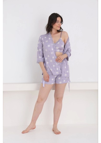 Kadın Milan Kumaş Sabahlıklı Dantel Detaylı Şortlu 3'lü Papatya Desenli Kadın Pijama Takımı - 7555