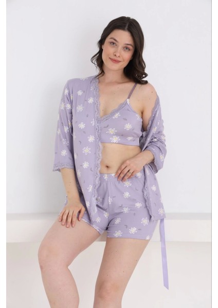Kadın Milan Kumaş Sabahlıklı Dantel Detaylı Şortlu 3'lü Papatya Desenli Kadın Pijama Takımı - 7555