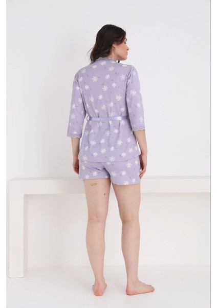 Kadın Milan Kumaş Sabahlıklı Dantel Detaylı Şortlu 3'lü Papatya Desenli Kadın Pijama Takımı - 7555