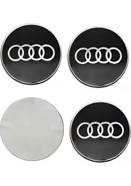 Audı Siyah Renk Gümüş Çerçeve Logolu Alüminyum 56 mm 4 Adet Jant Göbek Stıcker