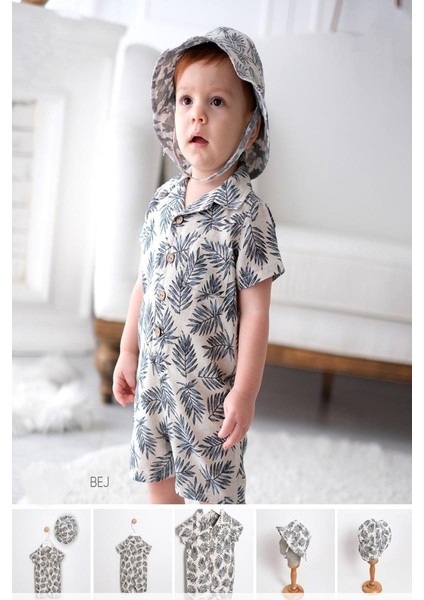 2'li Erkek Bebek Mavi Yaprak Desenli Tulum Şapkalı Takım