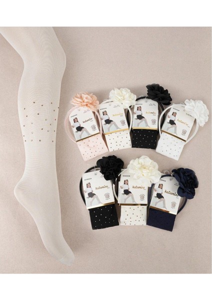 1 Adet Kız Çocuk Yazlık Lacivert Taçlı Boncuklu Desenli 40 Den Külotlu Çorap