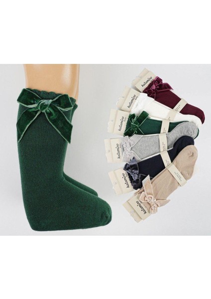 1 Adet Kız Çocuk Diz Altı Bordo Kadife Kurdeleli Çorap