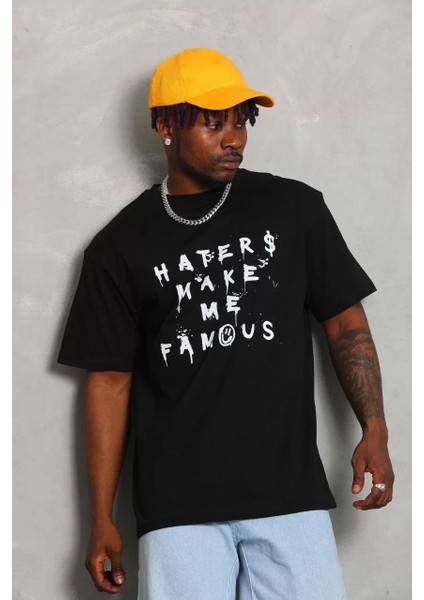 Unisex Oversize Baskılı Bisiklet Yaka T-Shirt - Siyah