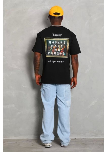 Unisex Oversize Baskılı Bisiklet Yaka T-Shirt - Siyah