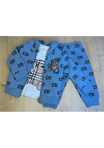 Kıpırık Baby3'lü Çocuk Çocuk Şardonlu Kapişonlu Sweatshirt Uzun Kollu Tshirt ve Eşohman Altı Takımı