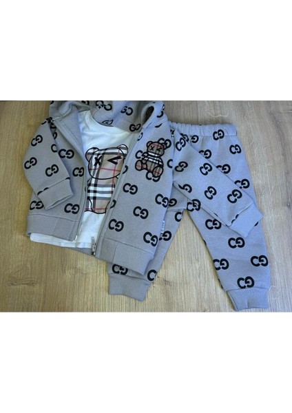 Kıpırık Baby3'lü Çocuk Çocuk Şardonlu Kapişonlu Sweatshirt Uzun Kollu Tshirt ve Eşohman Altı Takımı