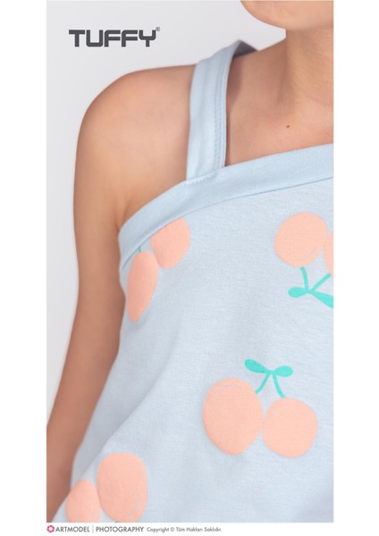 2'li Kız Çocuk Mavi Kiraz Desenli Şortlu Takım