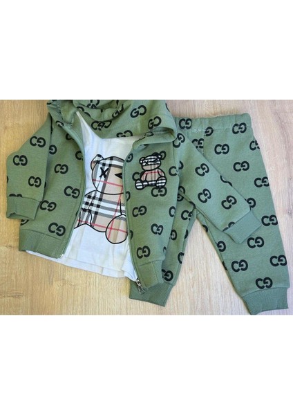 Kıpırık Baby3'lü Çocuk Çocuk Şardonlu Kapişonlu Sweatshirt Uzun Kollu Tshirt ve Eşohman Altı Takımı