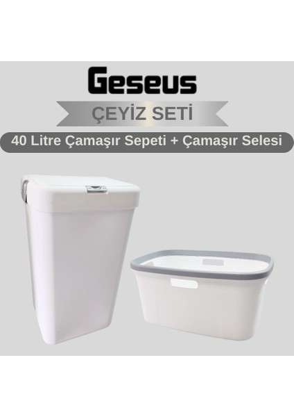 Motek Tekli 40 Lt Kirli Çamaşır Sepeti+Çamaşır Selesi Ikili Set, Çeyiz Seti Gümüş+Beyaz