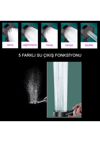 Turbo Özellikli 5 Fonksiyonlu Su Tasarruflu Duş Başlığı Siyah R1001-S