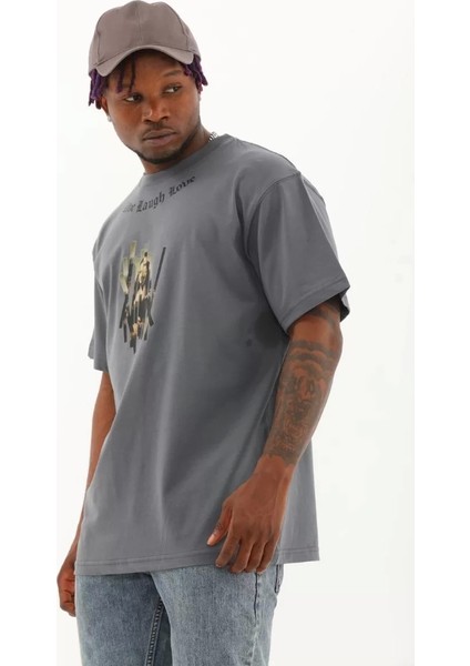 Unisex Oversize Baskılı Bisiklet Yaka T-Shirt - Füme