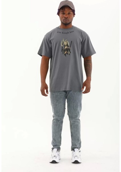 Unisex Oversize Baskılı Bisiklet Yaka T-Shirt - Füme