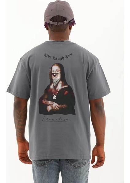 Unisex Oversize Baskılı Bisiklet Yaka T-Shirt - Füme