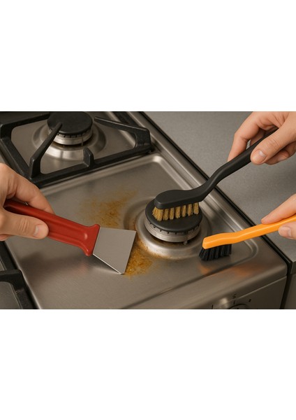 3'lü Set Spatula Tel Fırça Çelik ve Bakır Fırça Derz Lavabo Mutfak Oto Pas Kir Temizleyci