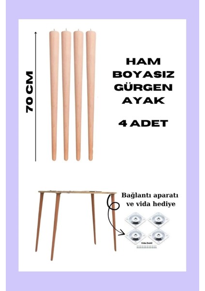 70 cm 1 Adet Konik Ahşap Masa Ayağı Kalınlık 5.5 cm Ham Aparat ve Vida Dahil