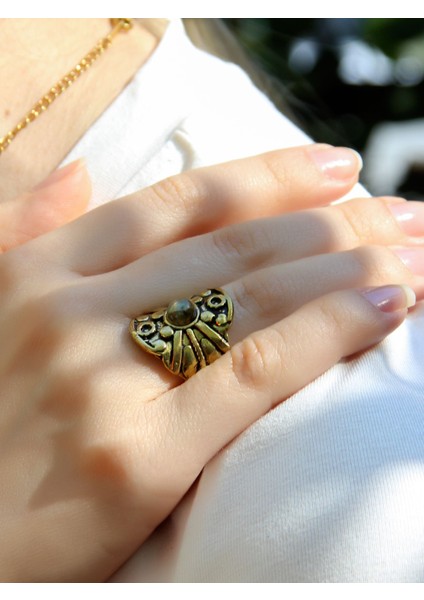 Doğal Taş Labradorit Minimal Doğal Taşlı Kadın Antik Ayarlanabilir Yüzük EUY57LBT