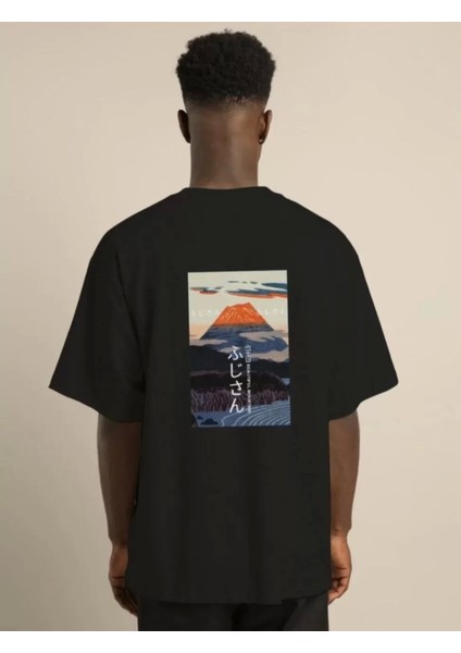 Unisex Bisiklet Yaka Baskılı Oversize T-Shirt - Siyah