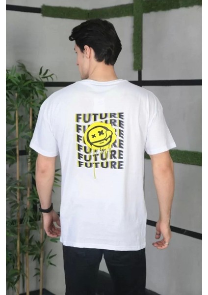 Unisex Bisiklet Yaka Baskılı Oversize T-Shirt - Beyaz