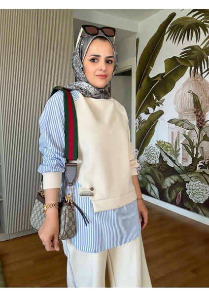 Modal Kumaş Gömlek Detaylı Tesettür Ikili Takım - Rahat Kombin Ekru