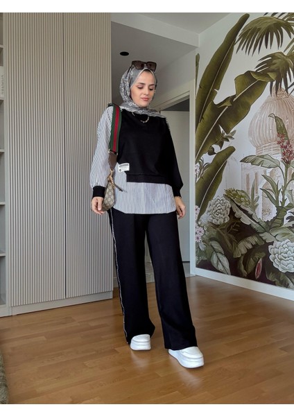 Modal Kumaş Gömlek Detaylı Tesettür Ikili Takım - Rahat Kombin Siyah