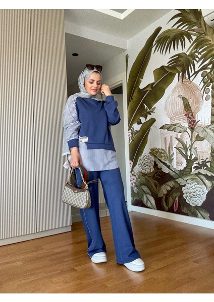 Modal Kumaş Gömlek Detaylı Tesettür Ikili Takım - Rahat Kombin Lacivert