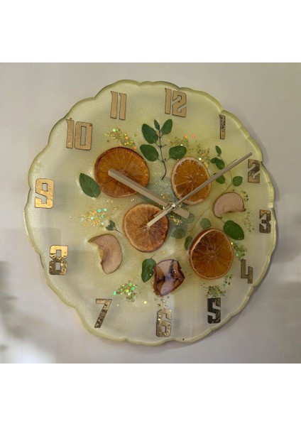- Narenciye & Elma Temalı Mutfak Duvar Saati - Portakal, Limon, Elma - 30 cm - Açık Sarı