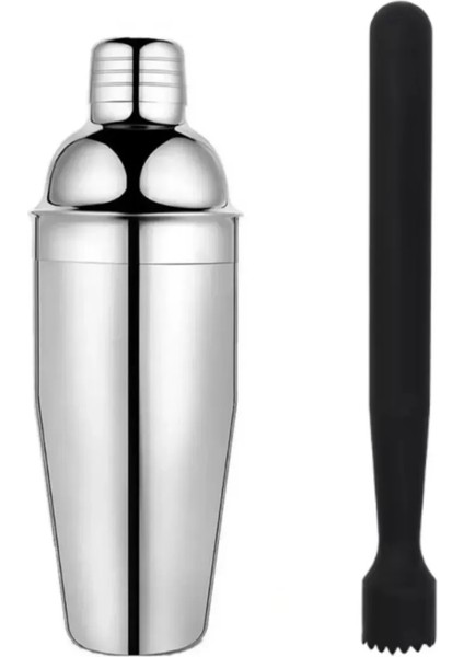 Mojito Tokmağı Siyah 20.7 cm ve Shaker 350 ml Metal Süzgeçli Kokteyl Tokmak Shaker Seti 2li