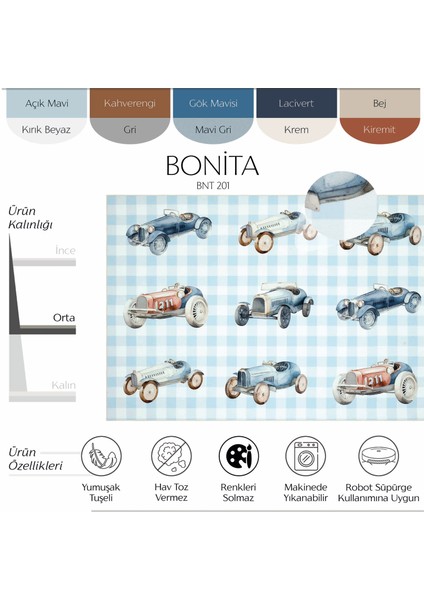 Bonita Mavi Damalı Halı Vintage Arabalı Bebek Çocuk Halısı Makinede Yıkanabilir Yumuşak İpeksi Halı