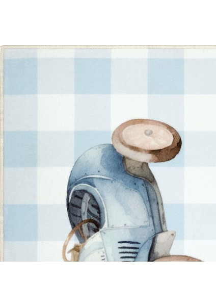 Bonita Mavi Damalı Halı Vintage Arabalı Bebek Çocuk Halısı Makinede Yıkanabilir Yumuşak İpeksi Halı