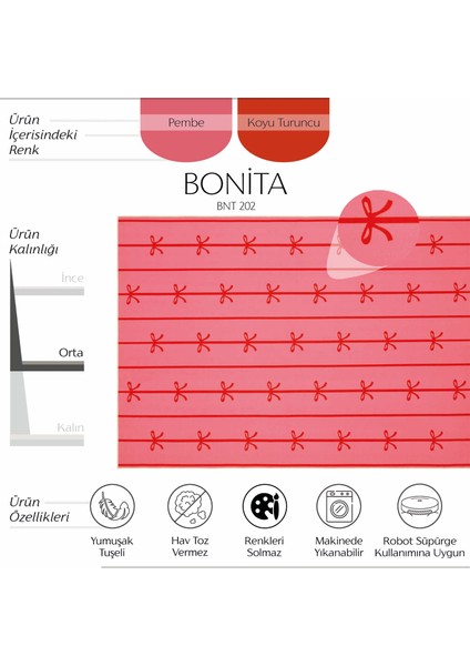 Bonita Fuşya Pembe Halı Fiyonklu Kız Çocuk Odası Bebek Odası Halı Yıkanabilir Yumuşak İpeksi Halı