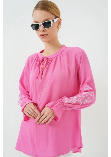 Nakışlı Örme Bluz 941 - Pembe