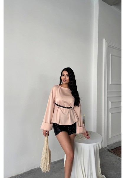 Kemer Detaylı Saten Bluz - Pembe