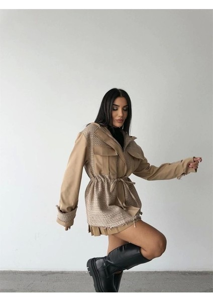 Chanel -Trench Garnili Kapişonlu Belden Büzgülü Mont - Bej