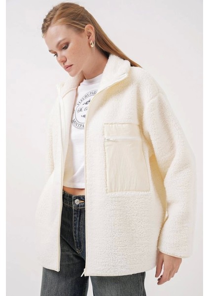55446 Fermuarlı Oversize Peluş Mont - Bej