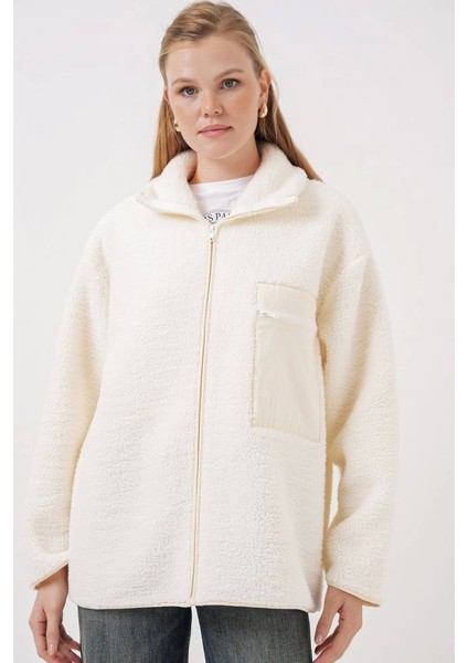 55446 Fermuarlı Oversize Peluş Mont - Bej