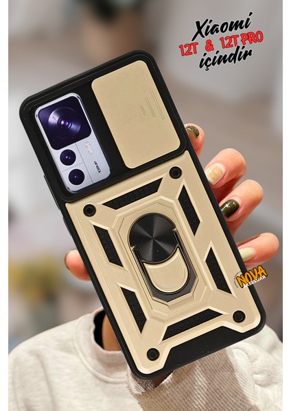 Xiaomi Mi 12T Pro - Pars Kamera Sürgülü Tank Güçlü Koruma Kalın Kapak/kılıf - Gold