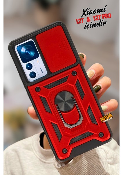 Xiaomi Mi 12T - Pars Kamera Sürgülü Tank Güçlü Koruma Kalın Kapak/kılıf - Kırmızı