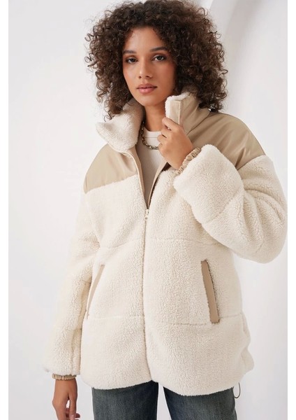 5196 Şişme Peluş Mont - Ekru