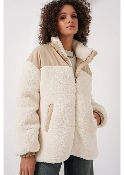 5196 Şişme Peluş Mont - Ekru