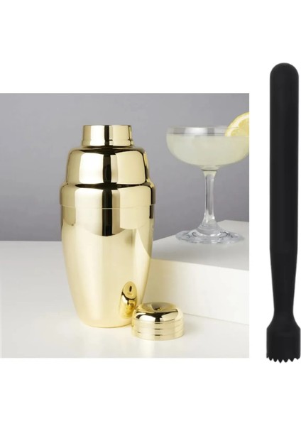 Mojito Tokmağı Siyah 20.7 cm ve Gold Shaker 350 ml Metal Süzgeçli Koktely Tokmak Shaker Seti