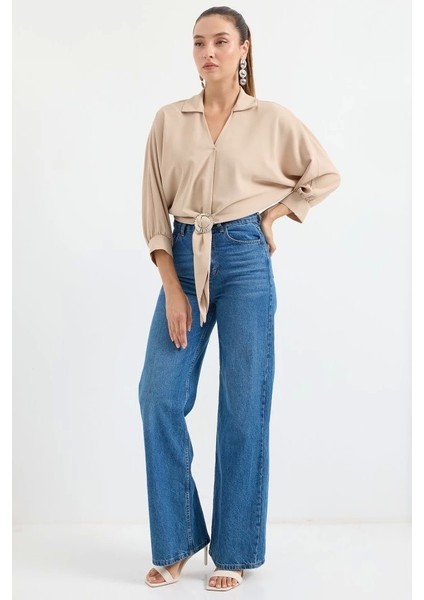 905 Oversize Dökümlü Bluz - Bej