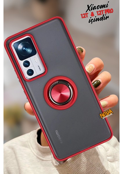 Xiaomi Mi 12T - Yüzüklü Standlı Mat Soft Kapak/kılıf - Kırmızı