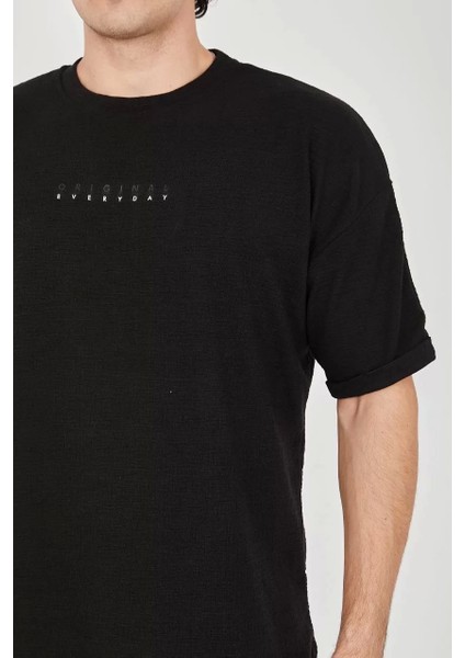 Unisex Jakar Kumaş Rahat Kol T-Shirt - Siyah