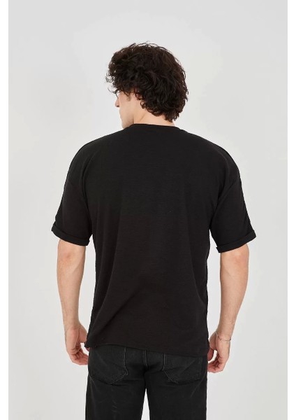 Unisex Jakar Kumaş Rahat Kol T-Shirt - Siyah