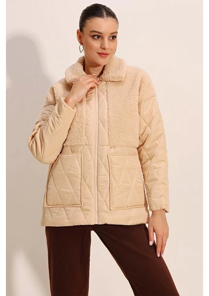 5182 Peluş Detaylı Oversize Şişme Mont - Bej
