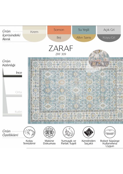 Zaraf Su Yeşili Halı Etnik Desenli Eskitme Vintage Ev Oda Halısı Oturma Odası Salon İnce Yazlık Halı