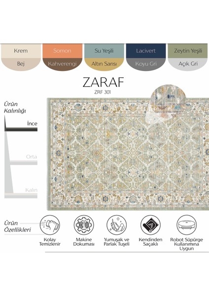 Zaraf Mint Yeşil Halı Etnik Desen İnce Dokuma Eskitme Vintage Halı Oturma Odası Salon Yazlık Halı