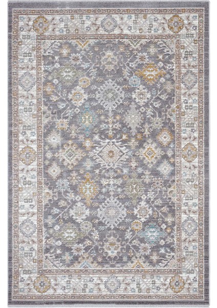 Zaraf Açık Gri Etnik Desenli Makine Dokuma Vintage Halı Modern Oturma Odası Salon İnce Yazlık Halı