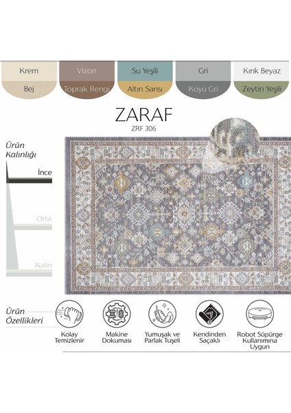 Zaraf Açık Gri Etnik Desenli Makine Dokuma Vintage Halı Modern Oturma Odası Salon İnce Yazlık Halı